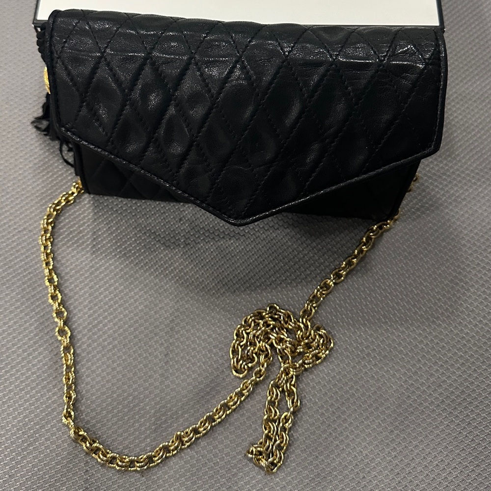 CHANEL Black Quilted Bag with Gold Chain with COA-preowned